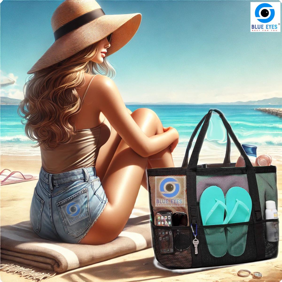 Strandtasche Familie mit Reißverschluss Kosmetiktasche Beach Bag