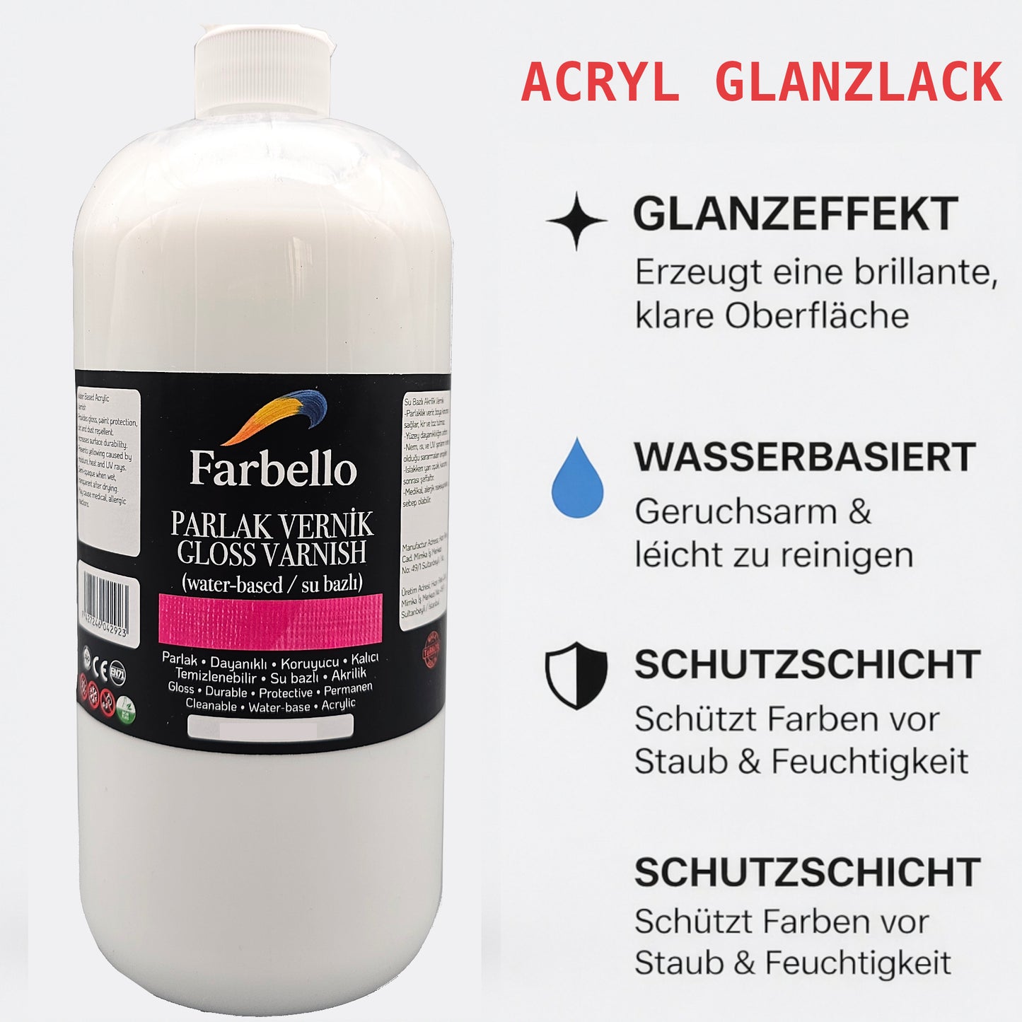 Farbello Glanzlack auf Wasserbasis – Acryl Klarlack für Papier Holz Leinwand & Basteln
