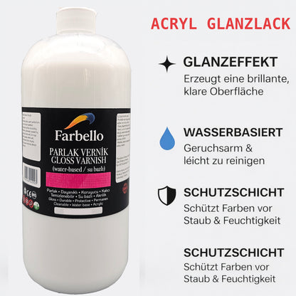 Farbello Glanzlack auf Wasserbasis – Acryl Klarlack für Papier Holz Leinwand & Basteln