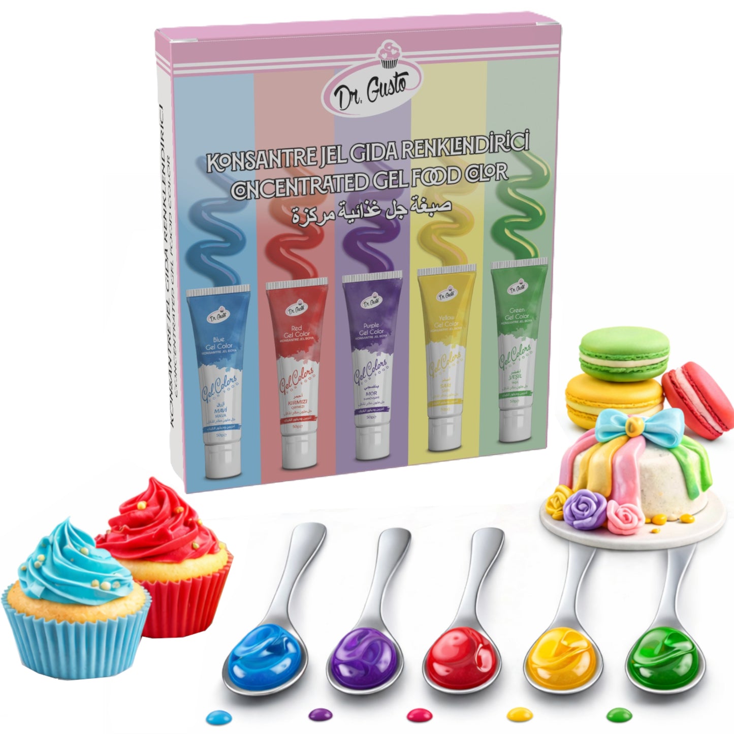 Dr. Gusto Gel Lebensmittelfarbe Set – 5 hochpigmentierte Farben je 50 ml für Kuchen, Fondant & Buttercreme
