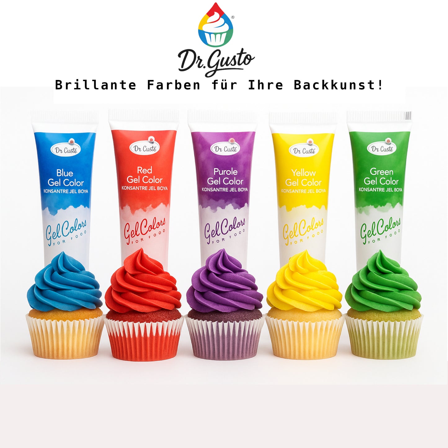 Dr. Gusto Gel Lebensmittelfarbe Set – 5 hochpigmentierte Farben je 50 ml für Kuchen, Fondant & Buttercreme