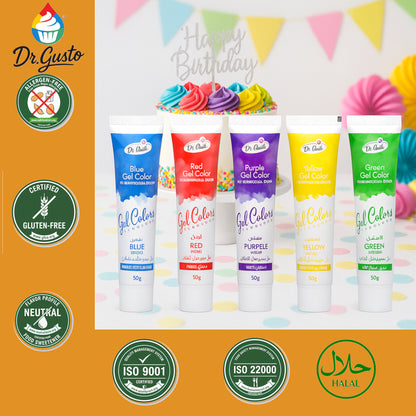 Dr. Gusto Gel Lebensmittelfarbe Set – 5 hochpigmentierte Farben je 50 ml für Kuchen, Fondant & Buttercreme