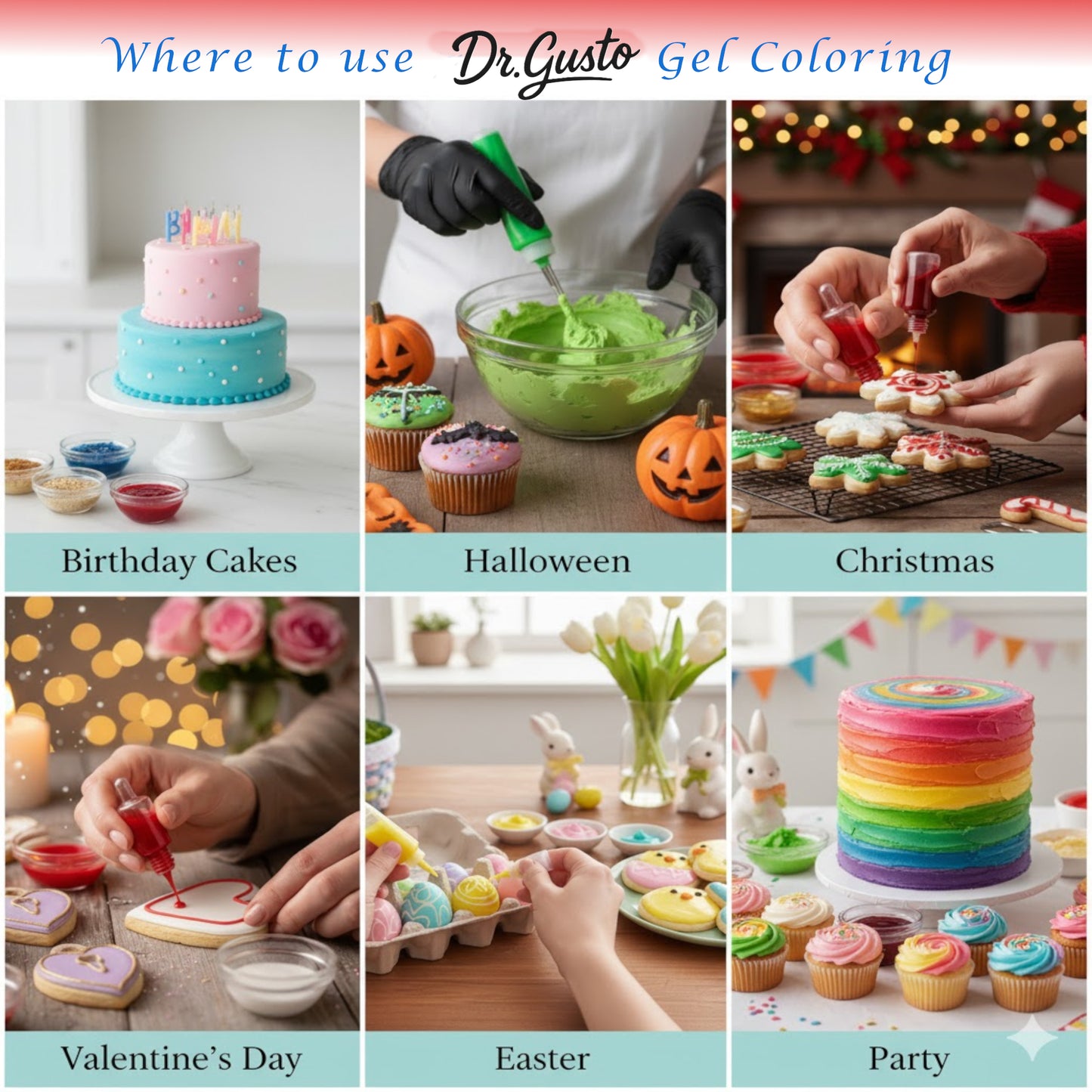 Dr. Gusto Gel Lebensmittelfarbe Set – 5 hochpigmentierte Farben je 50 ml für Kuchen, Fondant & Buttercreme