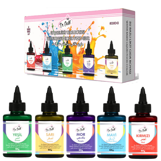 Dr. Gusto Flüssige Lebensmittelfarbe Set – 5 wasserbasierte Farben je 60 ml für Kuchen, Cremes, Getränke & Desserts