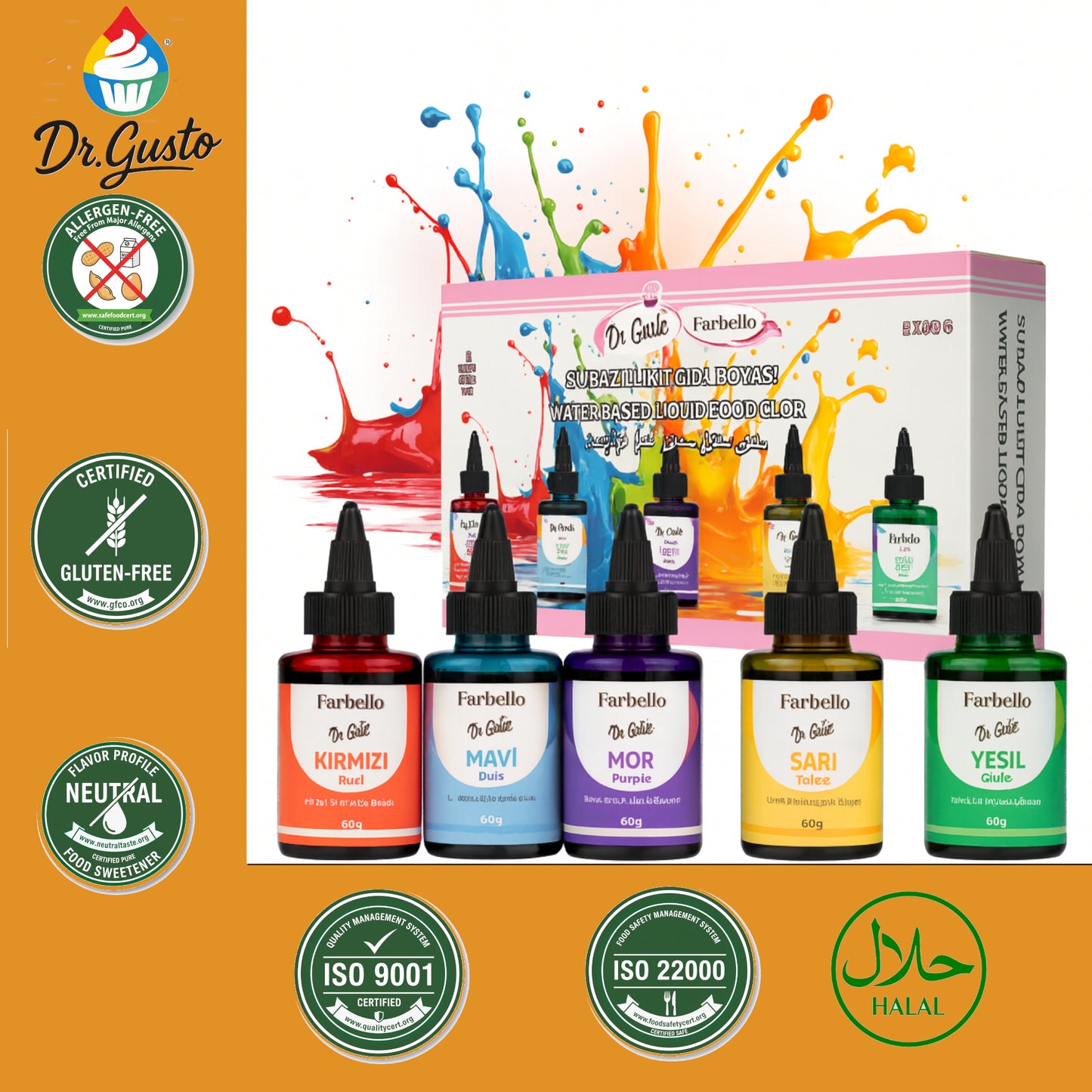 Dr. Gusto Flüssige Lebensmittelfarbe Set – 5 wasserbasierte Farben je 60 ml für Kuchen, Cremes, Getränke & Desserts