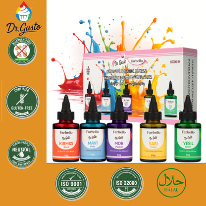 Dr. Gusto Flüssige Lebensmittelfarbe Set – 5 wasserbasierte Farben je 60 ml für Kuchen, Cremes, Getränke & Desserts