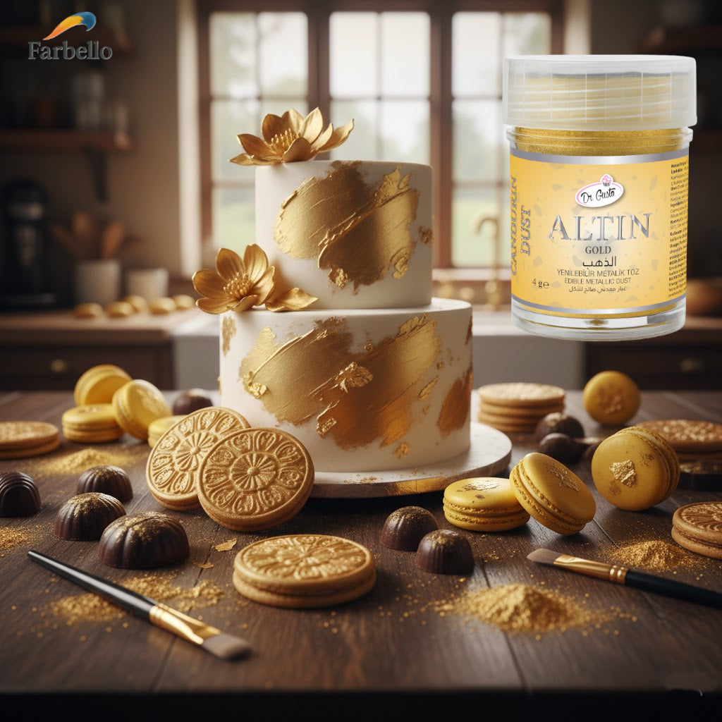 Dr. Gusto Essbarer Metallic Puder – 4 Farben + Verdünner für Kuchen, Fondant & Schokolade