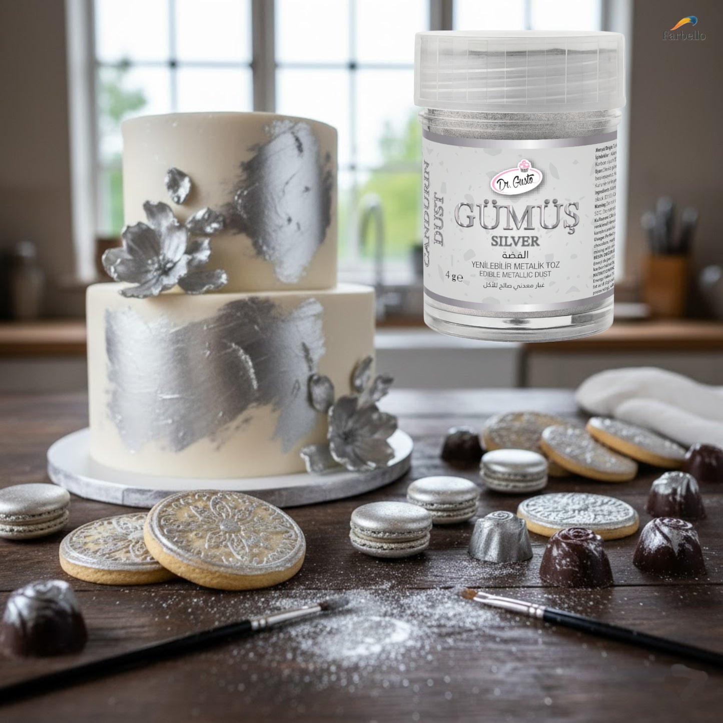 Dr. Gusto Essbarer Metallic Puder – 4 Farben + Verdünner für Kuchen, Fondant & Schokolade