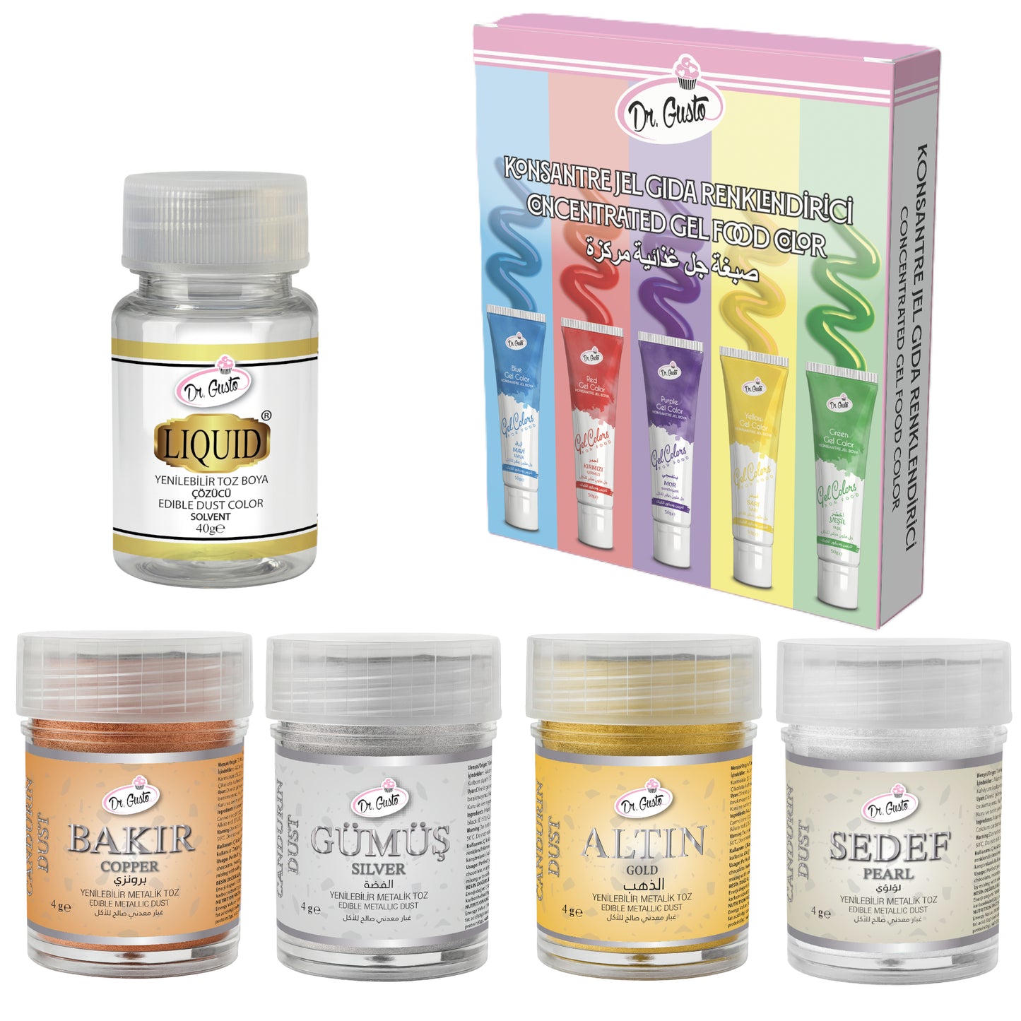 Dr. Gusto Essbarer Metallic Puder – 4 Farben + Verdünner für Kuchen, Fondant & Schokolade