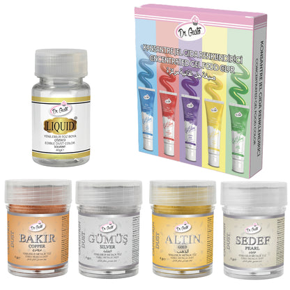 Dr. Gusto Essbarer Metallic Puder – 4 Farben + Verdünner für Kuchen, Fondant & Schokolade