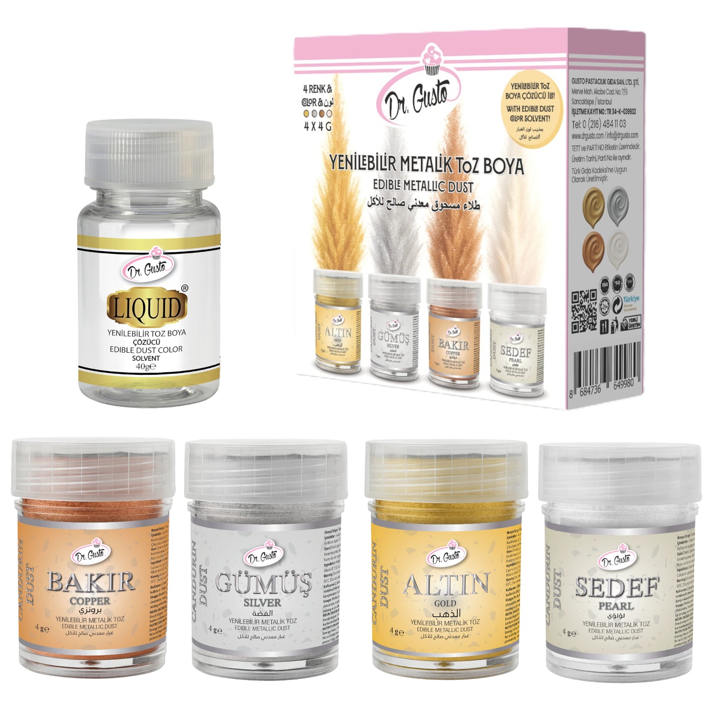 Dr. Gusto Essbarer Metallic Puder – 4 Farben + Verdünner für Kuchen, Fondant & Schokolade