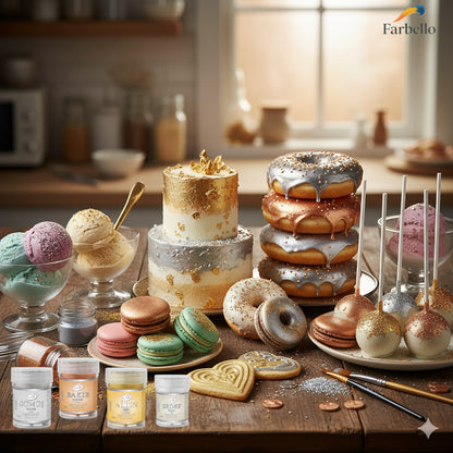 Dr. Gusto Essbarer Metallic Puder – 4 Farben + Verdünner für Kuchen, Fondant & Schokolade