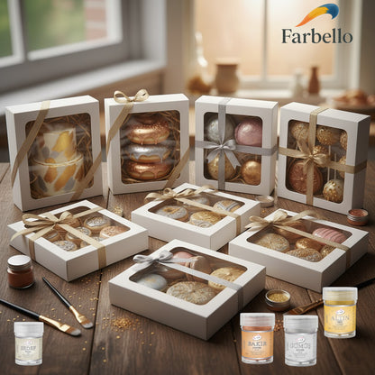 Dr. Gusto Essbarer Metallic Puder – 4 Farben + Verdünner für Kuchen, Fondant & Schokolade