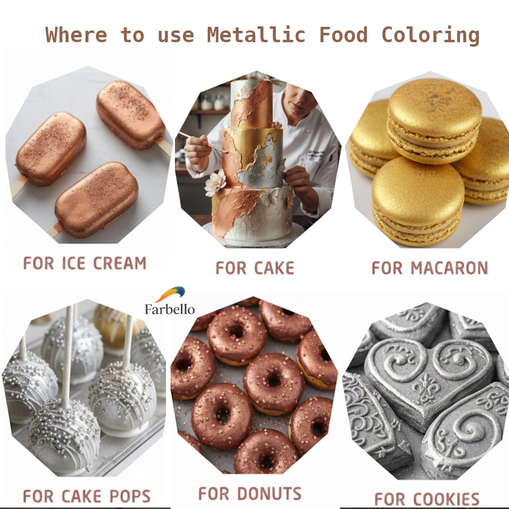 Dr. Gusto Essbarer Metallic Puder – 4 Farben + Verdünner für Kuchen, Fondant & Schokolade