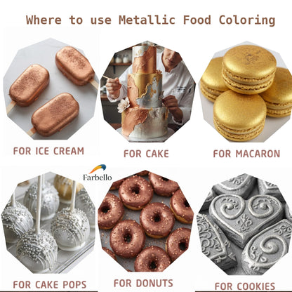 Dr. Gusto Essbarer Metallic Puder – 4 Farben + Verdünner für Kuchen, Fondant & Schokolade