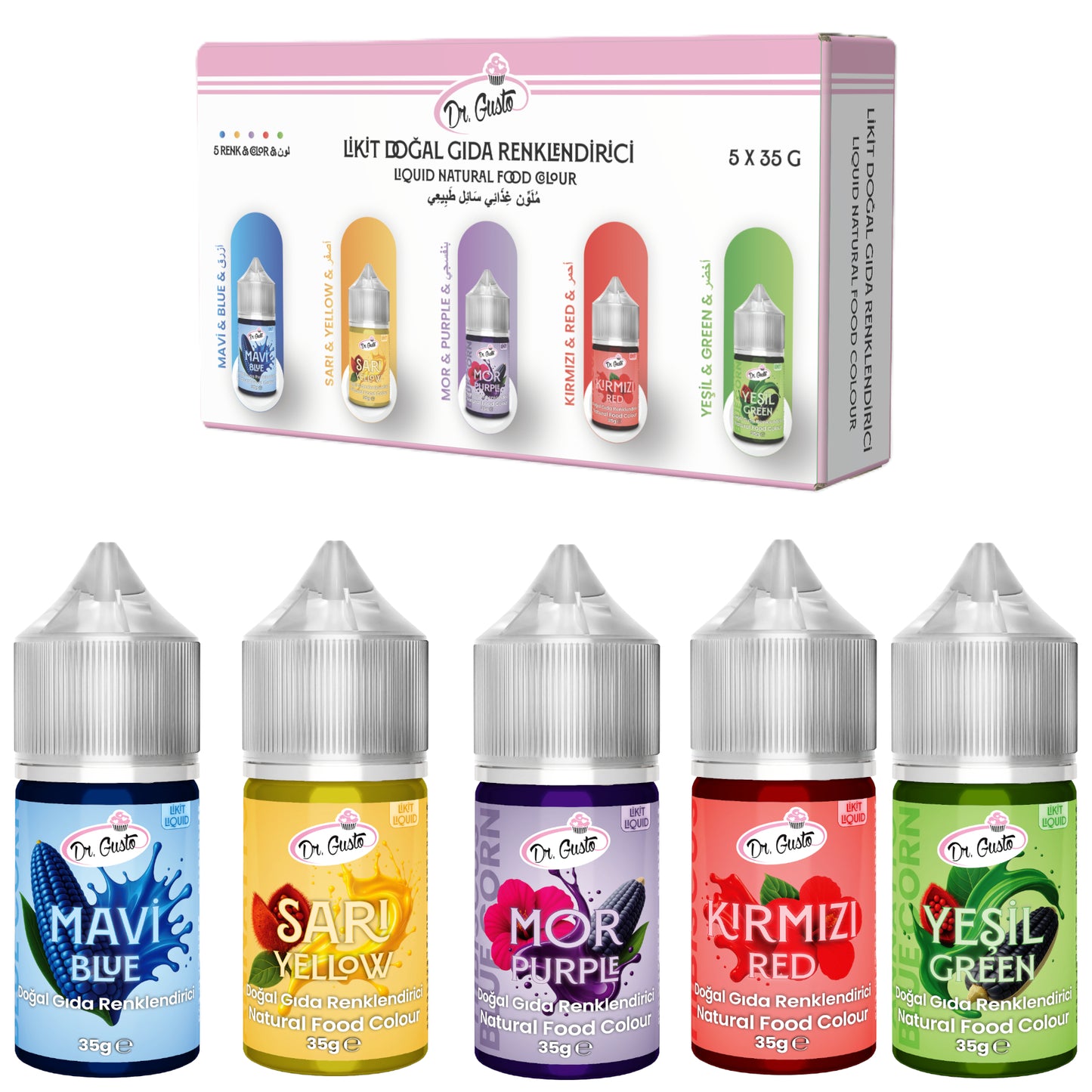 Dr. Gusto Natürliche Flüssige Lebensmittelfarbe – 5 x 35 g Set für Kuchen, Desserts, Cremes & Getränke