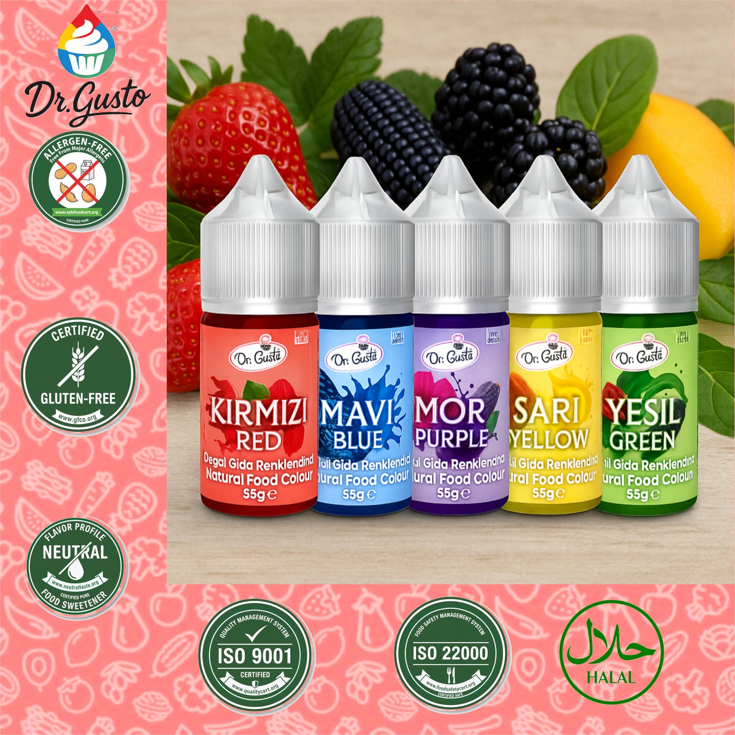 Dr. Gusto Natürliche Flüssige Lebensmittelfarbe – 5 x 35 g Set für Kuchen, Desserts, Cremes & Getränke