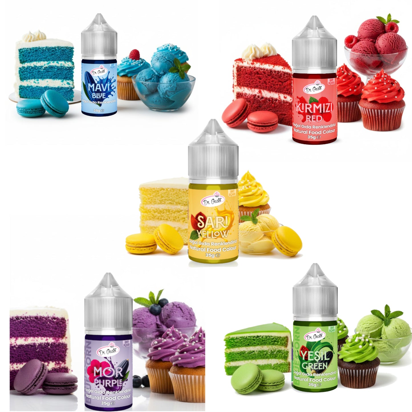 Dr. Gusto Natürliche Flüssige Lebensmittelfarbe – 5 x 35 g Set für Kuchen, Desserts, Cremes & Getränke