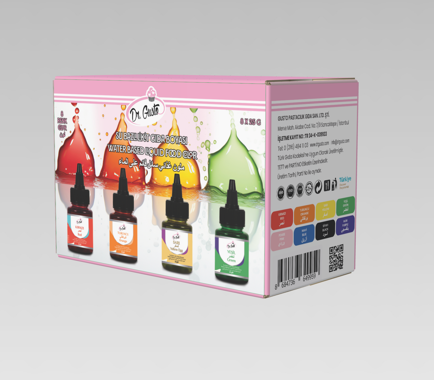 Dr. Gusto Flüssige Lebensmittelfarbe – 8 Farben à 25 ml | Wasserbasiert für Kuchen, Cremes, Getränke & Desserts