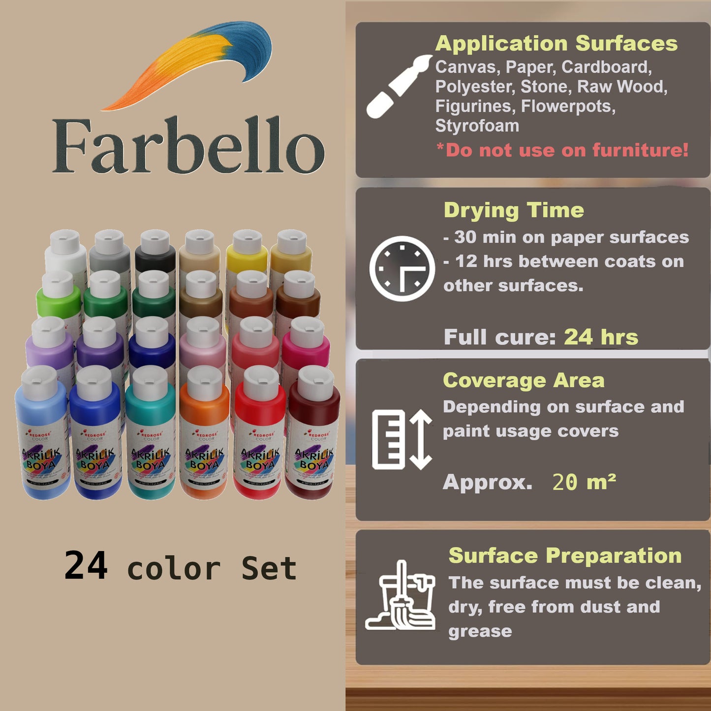 Farbello Acrylfarben Set 60 ml – Hochpigmentierte Farben für Leinwand, Holz, Stein & mehr