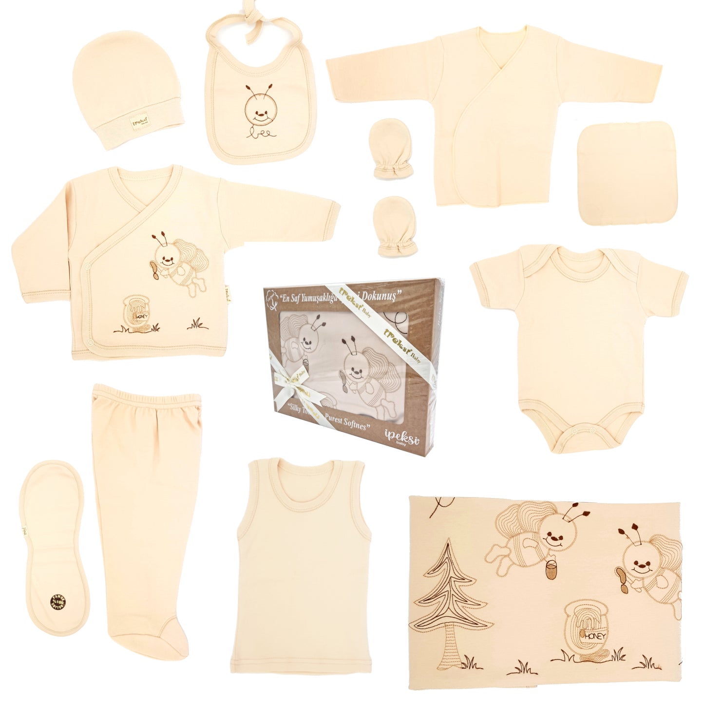 Neugeborenen Baby Unisex Geschenk Set für 0-4 Monate Ekru Größe: 56, 11 Teilig